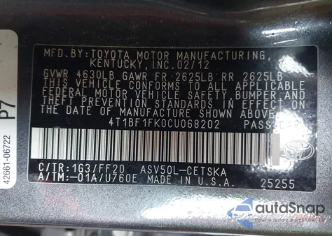 2012 Toyota Camry Se from USA, damaged, VIN 4T1BF1FK0CU068202